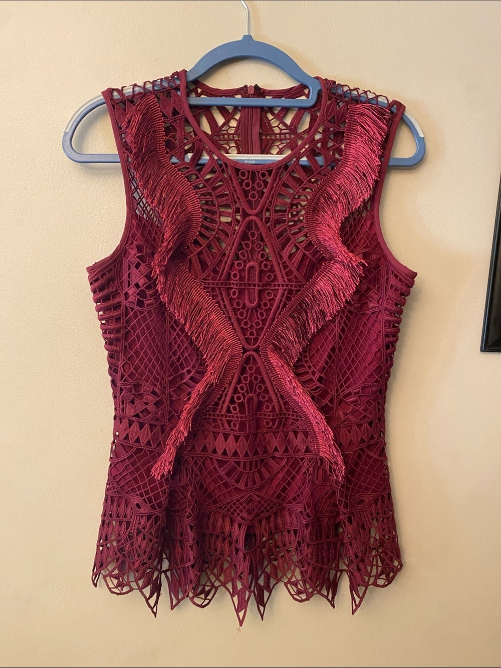 VENUS Burgundy Crochet Fringe Sleeveless Top